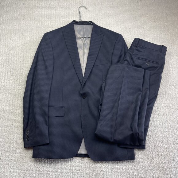 Kenneth Cole Mens 2 Piece Suit Blazer 40 R / Pants 34R Navy Blue Pine Striped - Picture 1 of 16